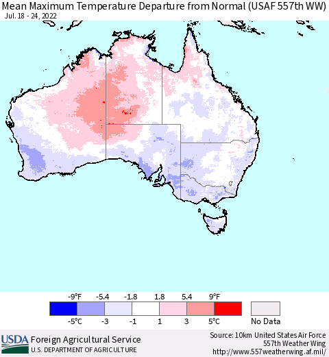 Australia Mean Maximum Temperature Departure from Normal (USAF 557th WW) Thematic Map For 7/18/2022 - 7/24/2022