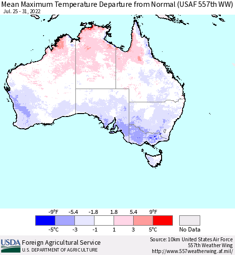 Australia Mean Maximum Temperature Departure from Normal (USAF 557th WW) Thematic Map For 7/25/2022 - 7/31/2022