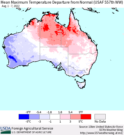 Australia Mean Maximum Temperature Departure from Normal (USAF 557th WW) Thematic Map For 8/1/2022 - 8/7/2022