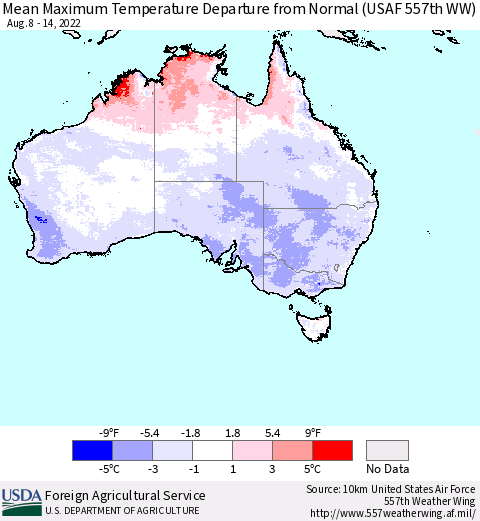 Australia Mean Maximum Temperature Departure from Normal (USAF 557th WW) Thematic Map For 8/8/2022 - 8/14/2022