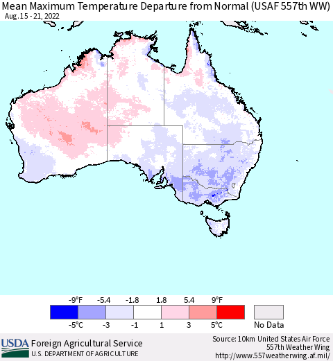 Australia Mean Maximum Temperature Departure from Normal (USAF 557th WW) Thematic Map For 8/15/2022 - 8/21/2022