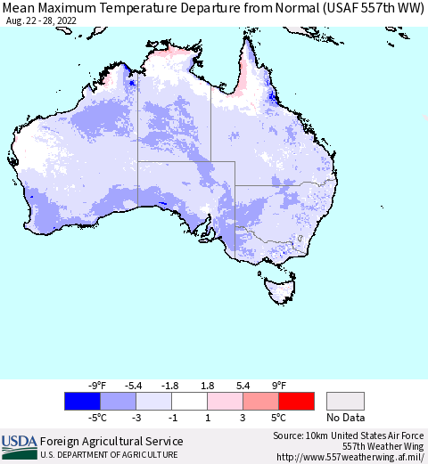 Australia Mean Maximum Temperature Departure from Normal (USAF 557th WW) Thematic Map For 8/22/2022 - 8/28/2022