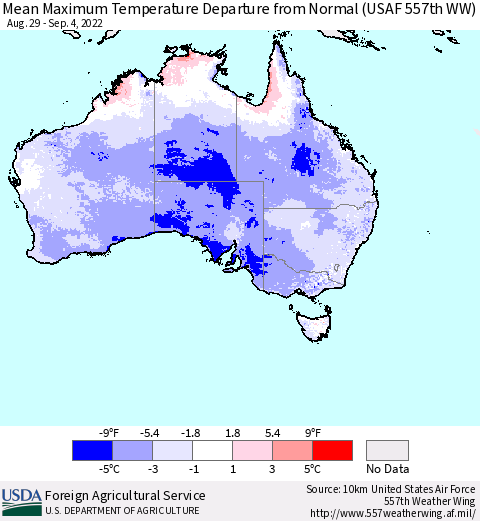Australia Mean Maximum Temperature Departure from Normal (USAF 557th WW) Thematic Map For 8/29/2022 - 9/4/2022