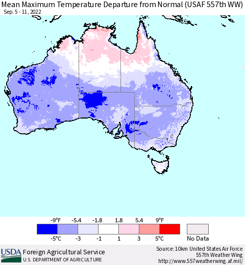 Australia Mean Maximum Temperature Departure from Normal (USAF 557th WW) Thematic Map For 9/5/2022 - 9/11/2022