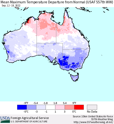 Australia Mean Maximum Temperature Departure from Normal (USAF 557th WW) Thematic Map For 9/12/2022 - 9/18/2022