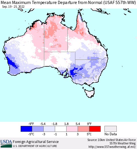 Australia Mean Maximum Temperature Departure from Normal (USAF 557th WW) Thematic Map For 9/19/2022 - 9/25/2022