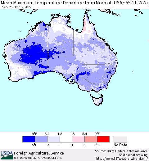 Australia Mean Maximum Temperature Departure from Normal (USAF 557th WW) Thematic Map For 9/26/2022 - 10/2/2022
