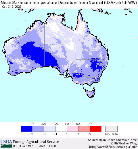 Australia Mean Maximum Temperature Departure from Normal (USAF 557th WW) Thematic Map For 10/3/2022 - 10/9/2022