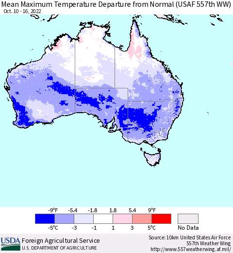 Australia Mean Maximum Temperature Departure from Normal (USAF 557th WW) Thematic Map For 10/10/2022 - 10/16/2022