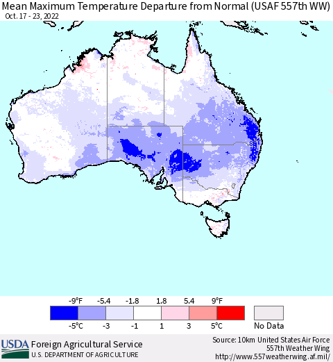 Australia Mean Maximum Temperature Departure from Normal (USAF 557th WW) Thematic Map For 10/17/2022 - 10/23/2022