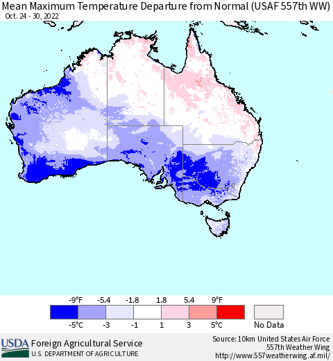 Australia Mean Maximum Temperature Departure from Normal (USAF 557th WW) Thematic Map For 10/24/2022 - 10/30/2022