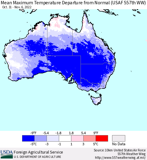 Australia Mean Maximum Temperature Departure from Normal (USAF 557th WW) Thematic Map For 10/31/2022 - 11/6/2022