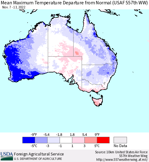 Australia Mean Maximum Temperature Departure from Normal (USAF 557th WW) Thematic Map For 11/7/2022 - 11/13/2022