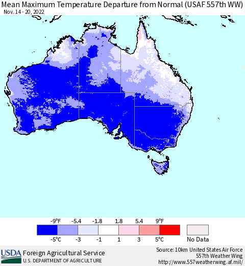 Australia Mean Maximum Temperature Departure from Normal (USAF 557th WW) Thematic Map For 11/14/2022 - 11/20/2022
