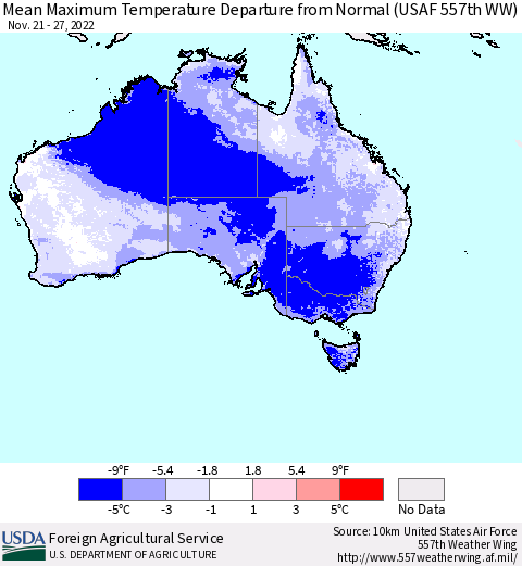 Australia Mean Maximum Temperature Departure from Normal (USAF 557th WW) Thematic Map For 11/21/2022 - 11/27/2022