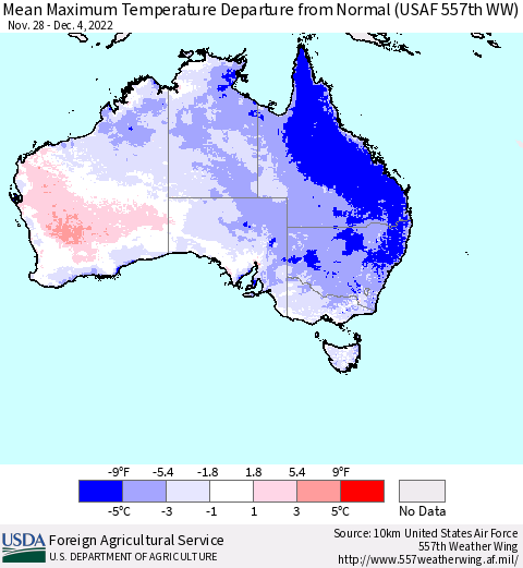 Australia Mean Maximum Temperature Departure from Normal (USAF 557th WW) Thematic Map For 11/28/2022 - 12/4/2022