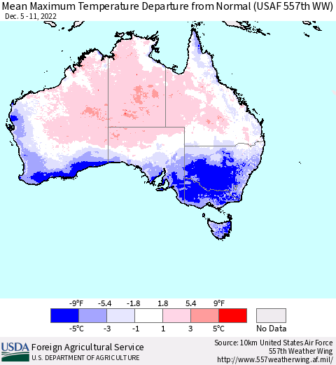 Australia Mean Maximum Temperature Departure from Normal (USAF 557th WW) Thematic Map For 12/5/2022 - 12/11/2022