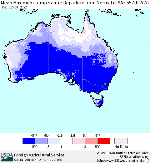 Australia Mean Maximum Temperature Departure from Normal (USAF 557th WW) Thematic Map For 12/12/2022 - 12/18/2022