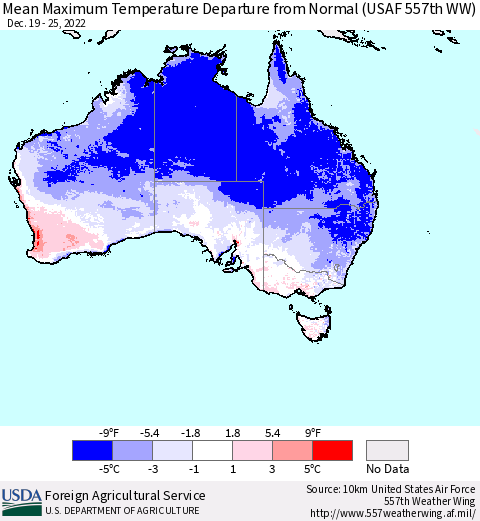 Australia Mean Maximum Temperature Departure from Normal (USAF 557th WW) Thematic Map For 12/19/2022 - 12/25/2022