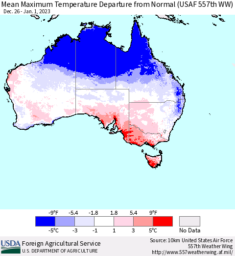 Australia Mean Maximum Temperature Departure from Normal (USAF 557th WW) Thematic Map For 12/26/2022 - 1/1/2023