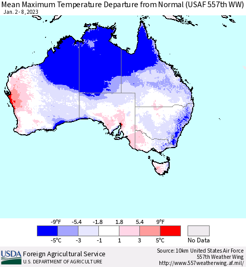 Australia Mean Maximum Temperature Departure from Normal (USAF 557th WW) Thematic Map For 1/2/2023 - 1/8/2023