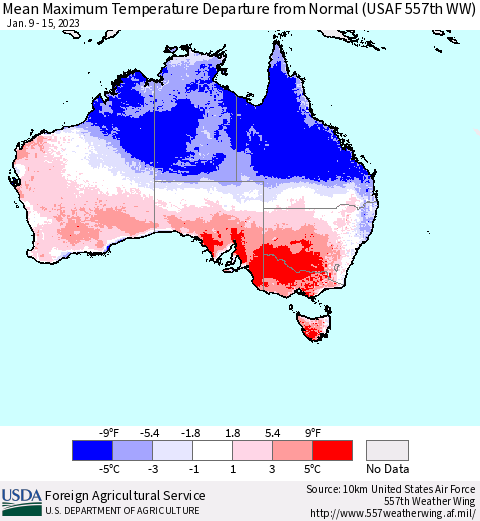 Australia Mean Maximum Temperature Departure from Normal (USAF 557th WW) Thematic Map For 1/9/2023 - 1/15/2023