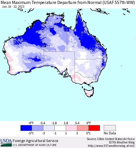 Australia Mean Maximum Temperature Departure from Normal (USAF 557th WW) Thematic Map For 1/16/2023 - 1/22/2023