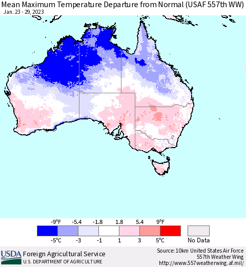 Australia Mean Maximum Temperature Departure from Normal (USAF 557th WW) Thematic Map For 1/23/2023 - 1/29/2023