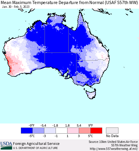 Australia Mean Maximum Temperature Departure from Normal (USAF 557th WW) Thematic Map For 1/30/2023 - 2/5/2023