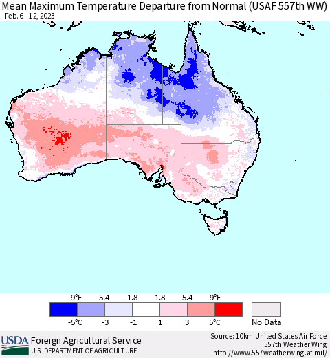 Australia Mean Maximum Temperature Departure from Normal (USAF 557th WW) Thematic Map For 2/6/2023 - 2/12/2023