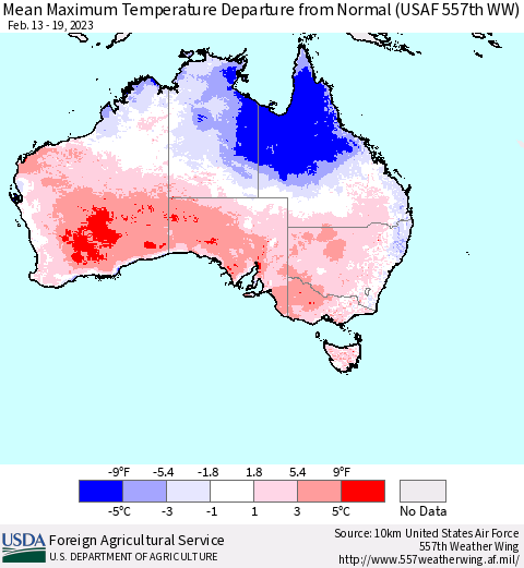 Australia Mean Maximum Temperature Departure from Normal (USAF 557th WW) Thematic Map For 2/13/2023 - 2/19/2023