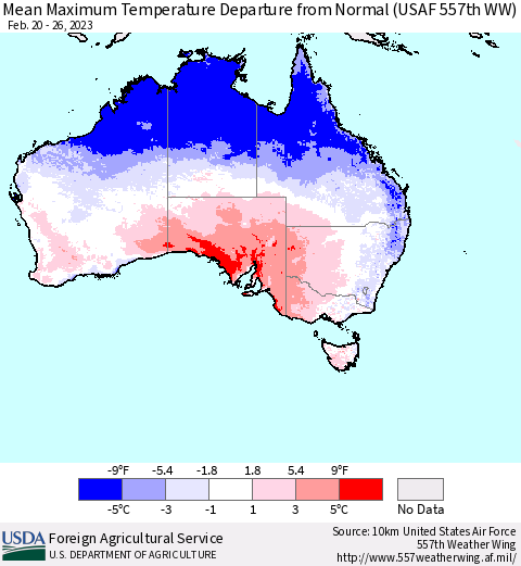 Australia Mean Maximum Temperature Departure from Normal (USAF 557th WW) Thematic Map For 2/20/2023 - 2/26/2023