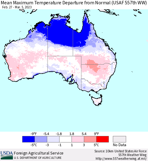 Australia Mean Maximum Temperature Departure from Normal (USAF 557th WW) Thematic Map For 2/27/2023 - 3/5/2023