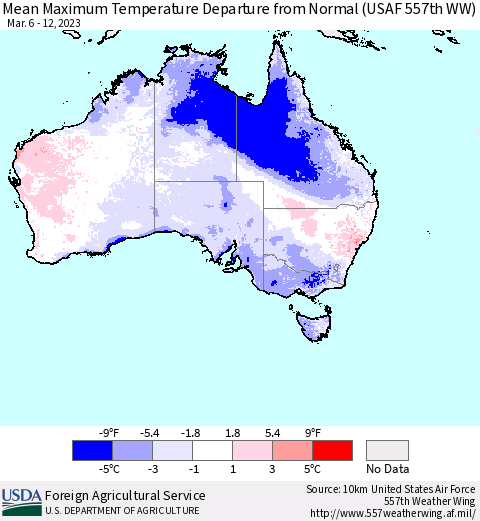 Australia Mean Maximum Temperature Departure from Normal (USAF 557th WW) Thematic Map For 3/6/2023 - 3/12/2023