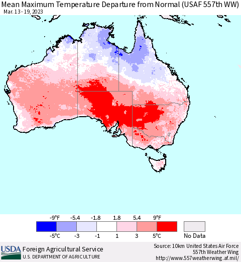Australia Mean Maximum Temperature Departure from Normal (USAF 557th WW) Thematic Map For 3/13/2023 - 3/19/2023