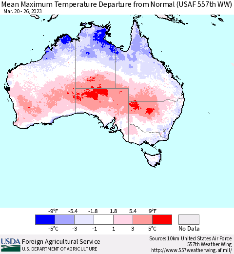 Australia Mean Maximum Temperature Departure from Normal (USAF 557th WW) Thematic Map For 3/20/2023 - 3/26/2023