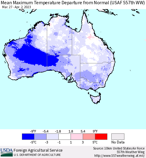 Australia Mean Maximum Temperature Departure from Normal (USAF 557th WW) Thematic Map For 3/27/2023 - 4/2/2023