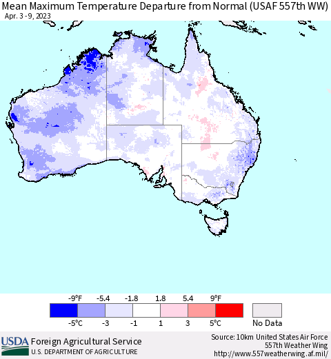 Australia Mean Maximum Temperature Departure from Normal (USAF 557th WW) Thematic Map For 4/3/2023 - 4/9/2023
