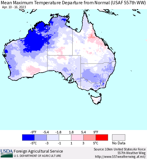 Australia Mean Maximum Temperature Departure from Normal (USAF 557th WW) Thematic Map For 4/10/2023 - 4/16/2023