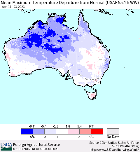 Australia Mean Maximum Temperature Departure from Normal (USAF 557th WW) Thematic Map For 4/17/2023 - 4/23/2023
