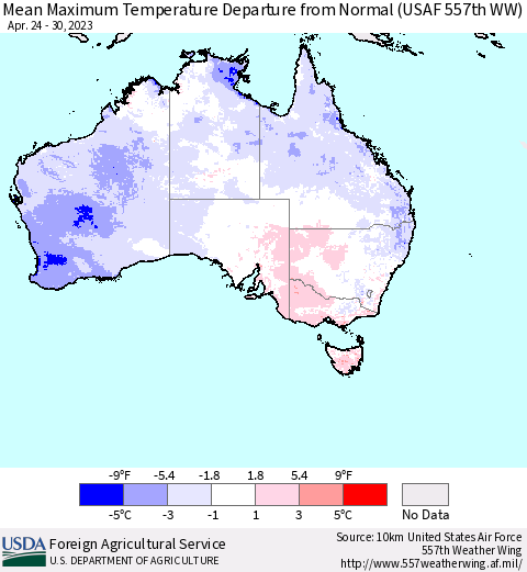 Australia Mean Maximum Temperature Departure from Normal (USAF 557th WW) Thematic Map For 4/24/2023 - 4/30/2023