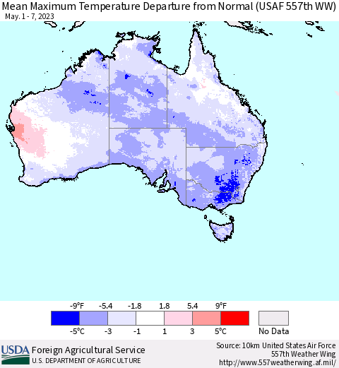 Australia Mean Maximum Temperature Departure from Normal (USAF 557th WW) Thematic Map For 5/1/2023 - 5/7/2023