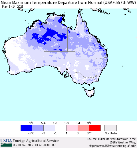 Australia Mean Maximum Temperature Departure from Normal (USAF 557th WW) Thematic Map For 5/8/2023 - 5/14/2023
