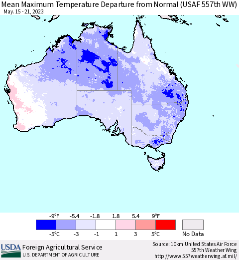 Australia Mean Maximum Temperature Departure from Normal (USAF 557th WW) Thematic Map For 5/15/2023 - 5/21/2023