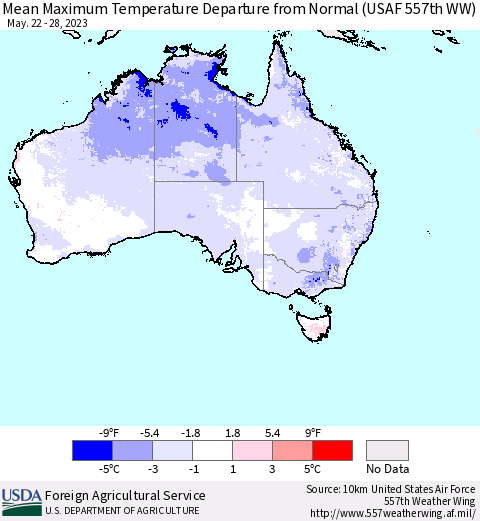 Australia Mean Maximum Temperature Departure from Normal (USAF 557th WW) Thematic Map For 5/22/2023 - 5/28/2023