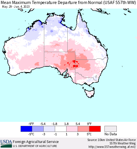 Australia Mean Maximum Temperature Departure from Normal (USAF 557th WW) Thematic Map For 5/29/2023 - 6/4/2023