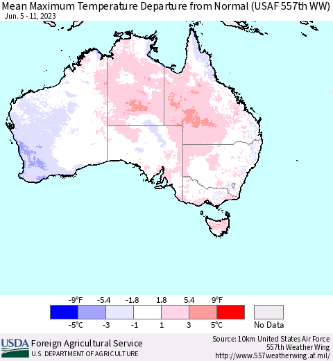 Australia Mean Maximum Temperature Departure from Normal (USAF 557th WW) Thematic Map For 6/5/2023 - 6/11/2023