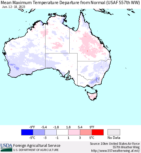 Australia Mean Maximum Temperature Departure from Normal (USAF 557th WW) Thematic Map For 6/12/2023 - 6/18/2023