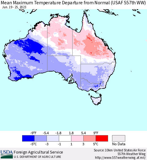 Australia Mean Maximum Temperature Departure from Normal (USAF 557th WW) Thematic Map For 6/19/2023 - 6/25/2023