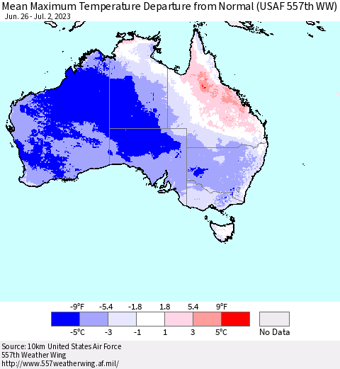 Australia Mean Maximum Temperature Departure from Normal (USAF 557th WW) Thematic Map For 6/26/2023 - 7/2/2023